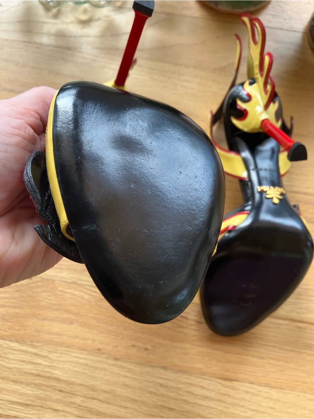 Iconic Prada Hot Rod Flames Heels SS 2012 Yellow With Roses Like New 36.5/6.5 - Picture 11 of 14